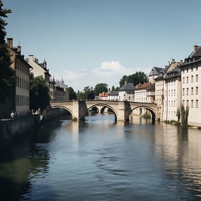 Stone Bridge Over River in European Town