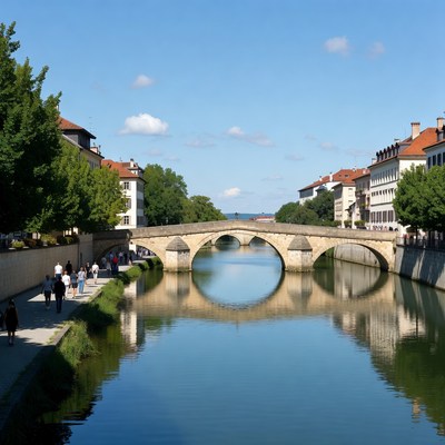 Stone Bridge over River with Pedestrians