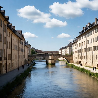 Stone Bridge Over River in European Town