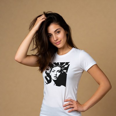 Woman wearing white t-shirt with portrait print