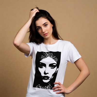 Woman posing in white graphic t-shirt