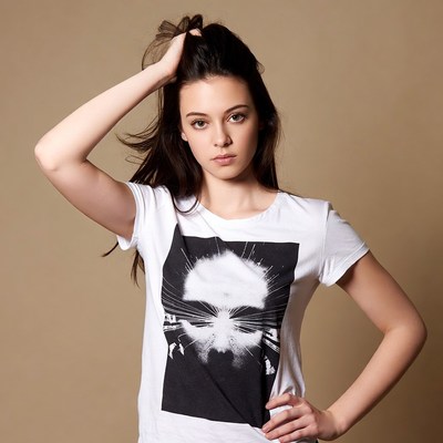 Woman posing in graphic skull t-shirt