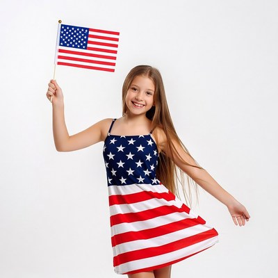 Girl holding American flag in patriotic dress