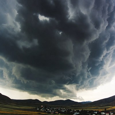 Dark cumulonimbus clouds over valley village