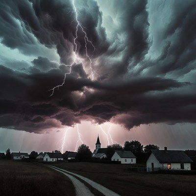 Lightning Storm Over Village Church