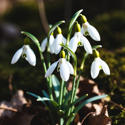 Snowdrop flowers in forest moss