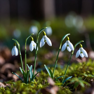 Snowdrops blooming in forest moss