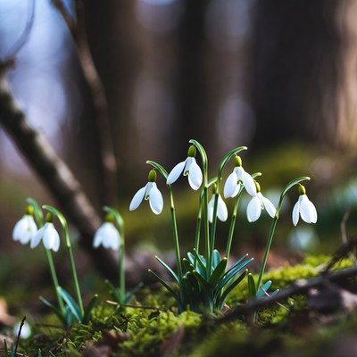 Snowdrops blooming in forest moss