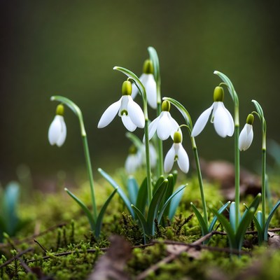 Snowdrops on mossy forest floor