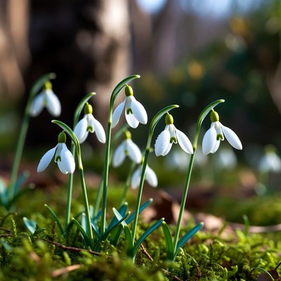 Snowdrops blooming in green moss