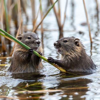 Two baby muskrats playing with reed