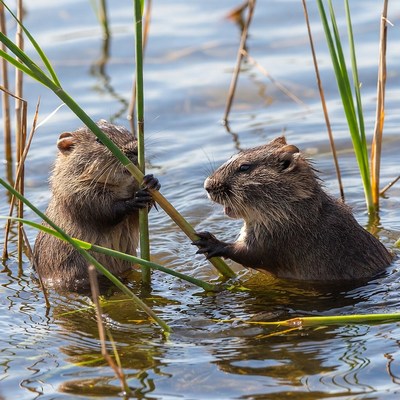 Two nutria playing with reeds
