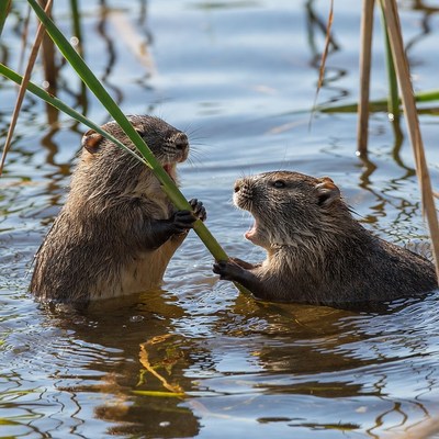 Two otters playing with reed in water