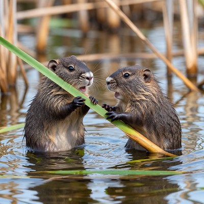 Two otters playing with reed