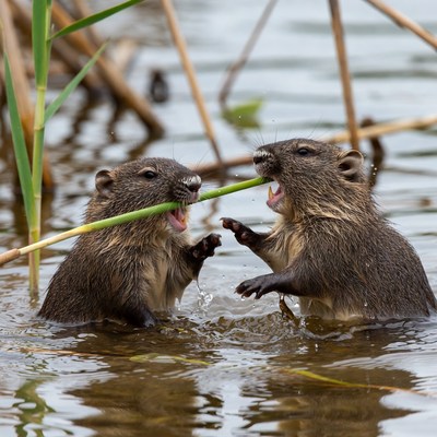 Two muskrats playing with reed in water