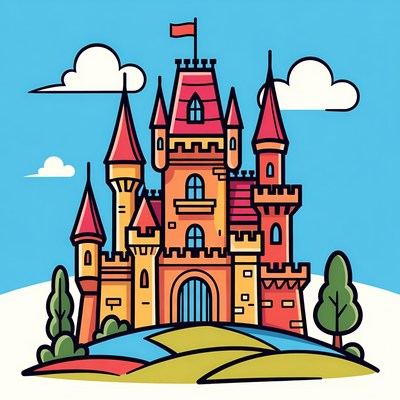 Colorful Illustrated Castle on Hill