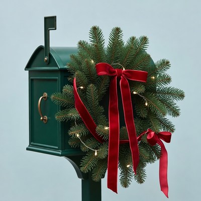 Green Mailbox with Christmas Wreath