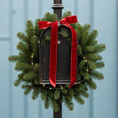 Christmas Wreath on Black Mailbox