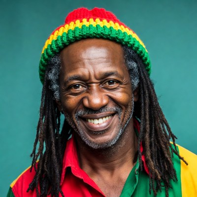 Smiling man with dreadlocks and Rastafarian hat