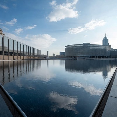 Modern buildings reflecting in large pool
