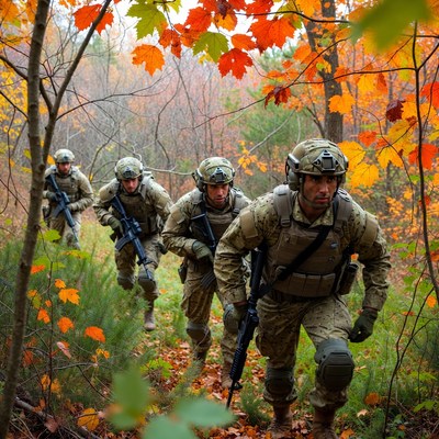 Soldiers marching through autumn forest