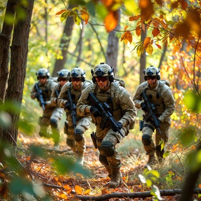 Soldiers running in autumn forest