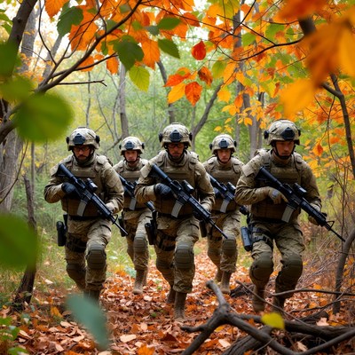 Soldiers marching in autumn forest