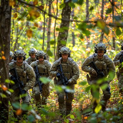 Soldiers marching through autumn forest