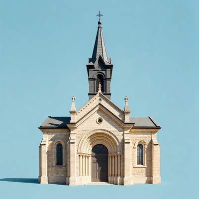 Small Stone Church on Blue Background