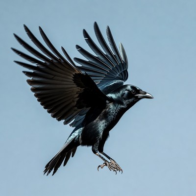 Flying black crow with spread wings