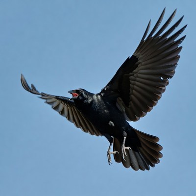 Raven Flying with Open Beak