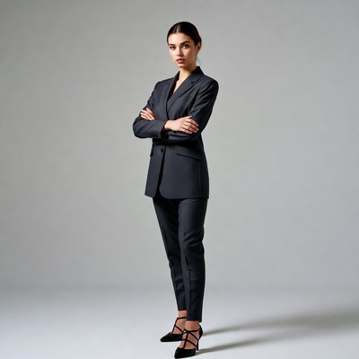 Woman in black suit with arms crossed