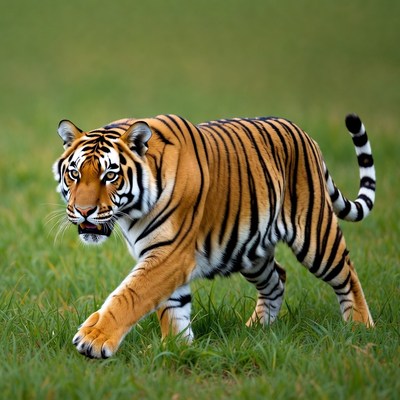Tiger walking in green grass