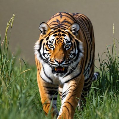 Tiger stalking through tall grass