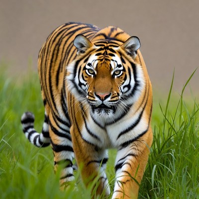 Tiger walking in green grass
