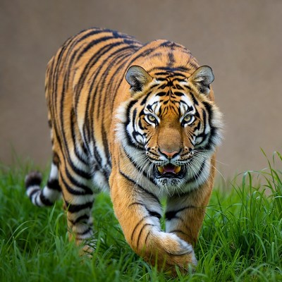 Tiger walking in green grass