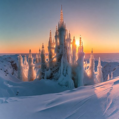 Ice Castle on Snowy Mountain at Sunset