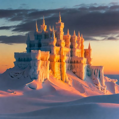 Ice Castle on Snowy Hill at Sunset