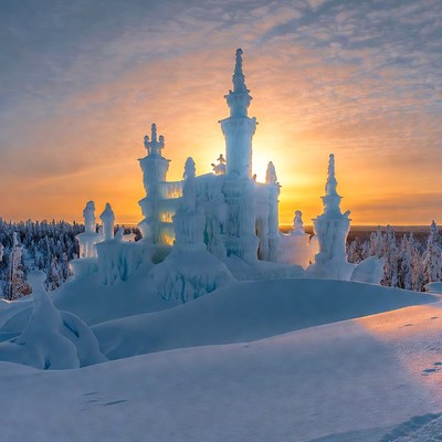 Ice castle at sunset