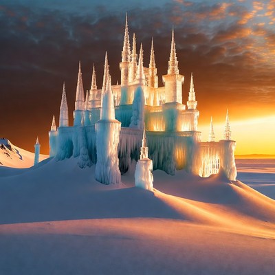 Ice Castle on Snowy Mountain at Sunset