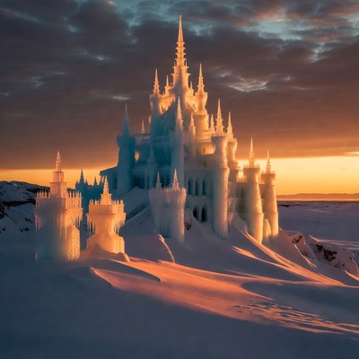 Ice Castle on Snowy Mountain at Sunset