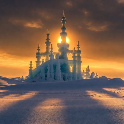 Ice Castle in Snowy Sunset