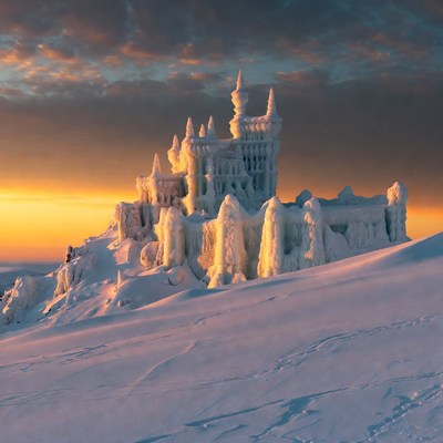 Ice Castle on Snowy Mountain at Sunset