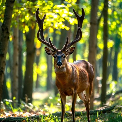 Buck Deer with Large Antlers in Forest