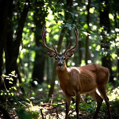 Buck deer in green forest