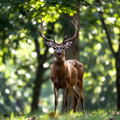 Buck deer with large antlers in forest