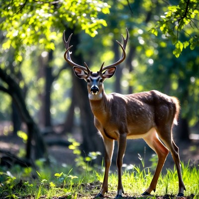 Buck deer with large antlers in forest