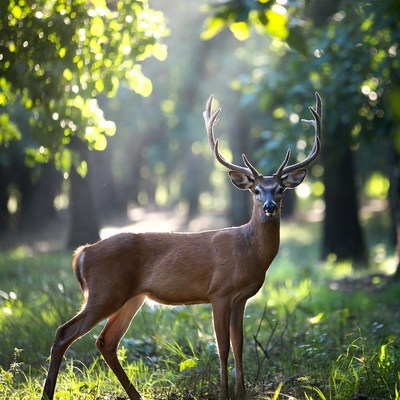 Buck standing in sunlit forest