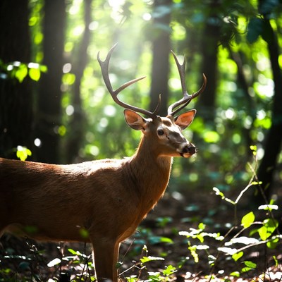 Deer with antlers in sunlit forest