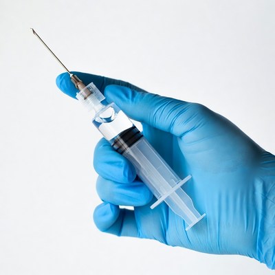 Hand in blue glove holding syringe
